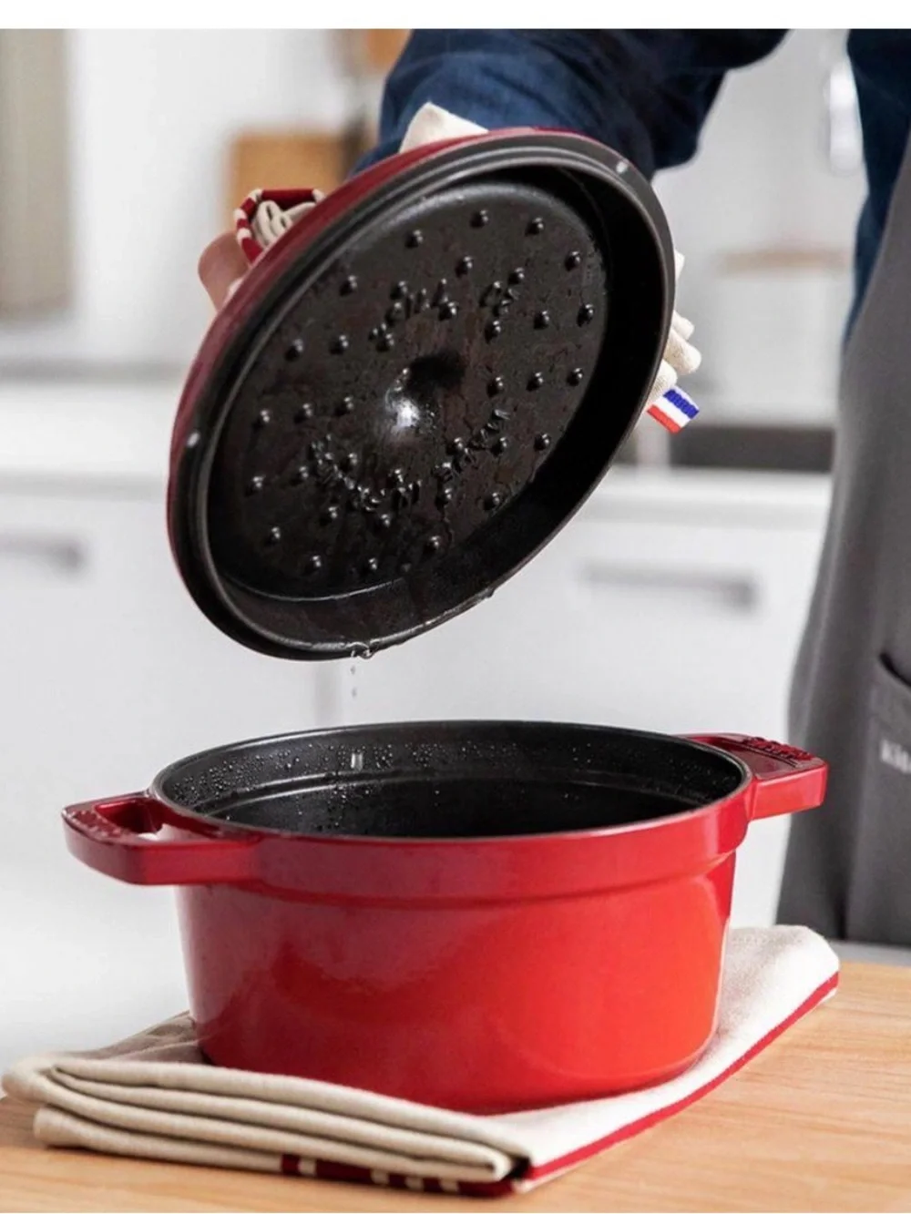 Staub Pink Red Enameled Cast Iron Cocotte with Silver Knob